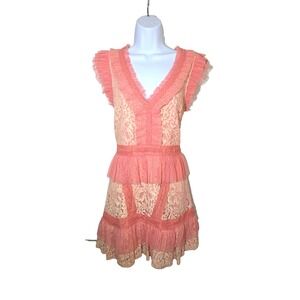 Adelyn Rae Aviana Dress Peach Lace Floral Chiffon Ruffles Sz Small MSRP‎ $133